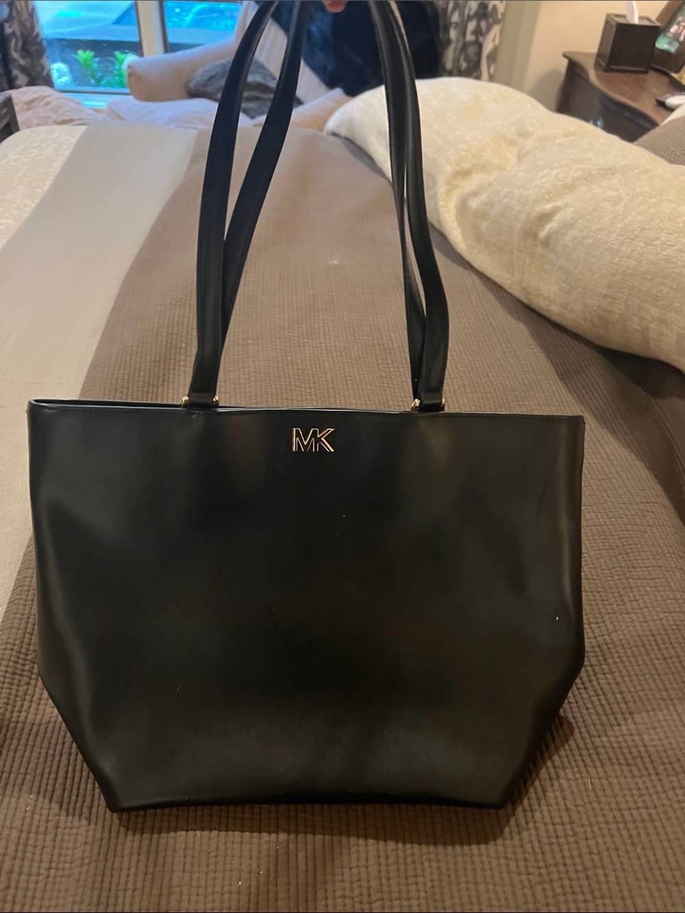 Michael Kors Black Double-Handle Leather Tote with Gold MK Logo